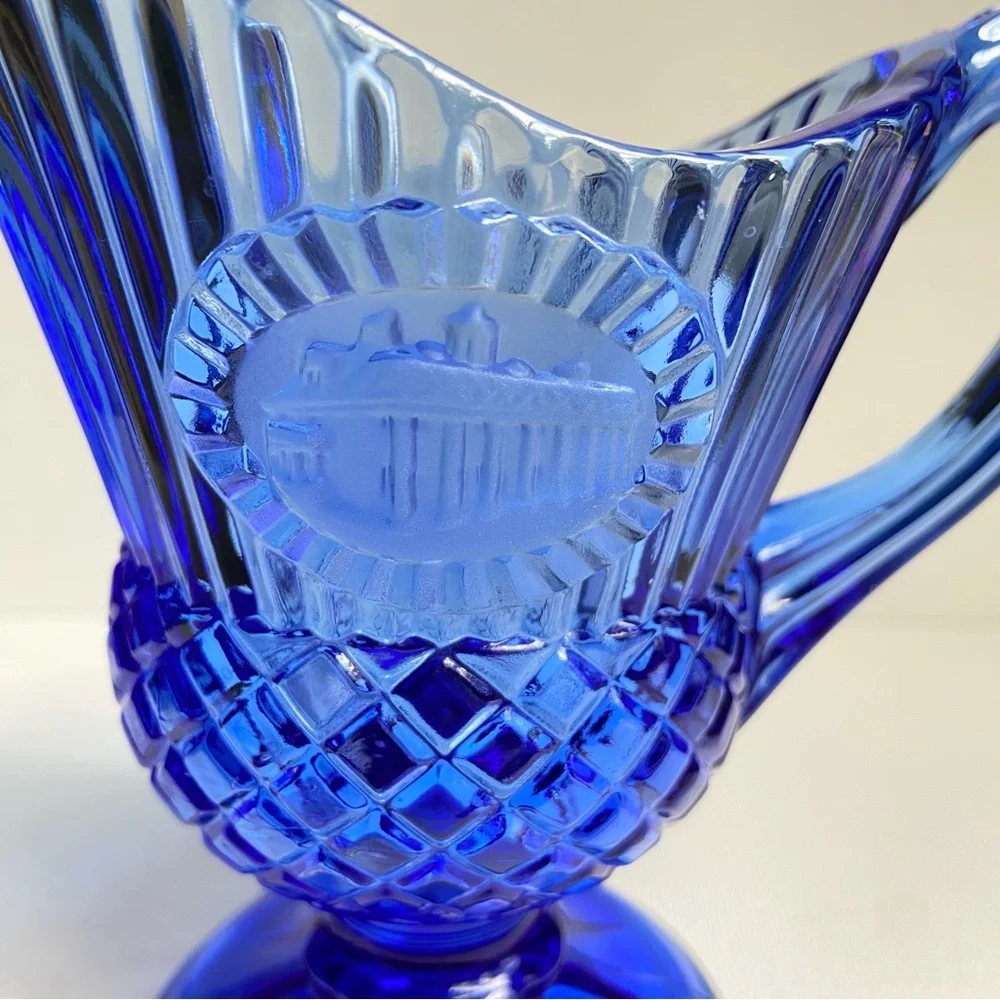 Avon Fostoria vintage blue pressed glass creamer pitcher Mt Vernon medallion